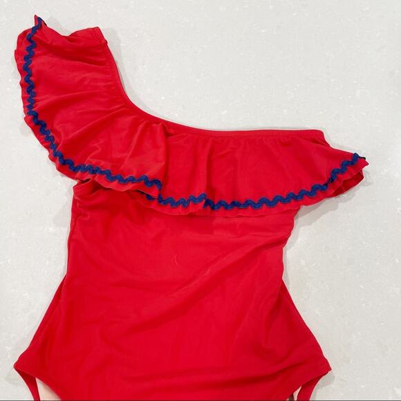 NWT J Crew Rickrack Ruffle One Shoulder One Piece Bathing Suit Red Blue XS - Picture 3 of 9